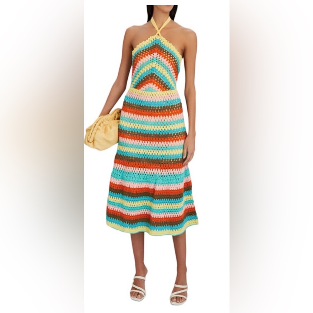 SAYLOR Freida Crochet-Knit Midi Dress in Multi Stripe size Small